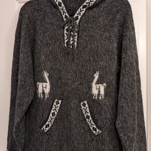 Cute Charcoal Grey, Black, White Alpaca Llama Motif Hoodie Cardigan Sweater Sz S